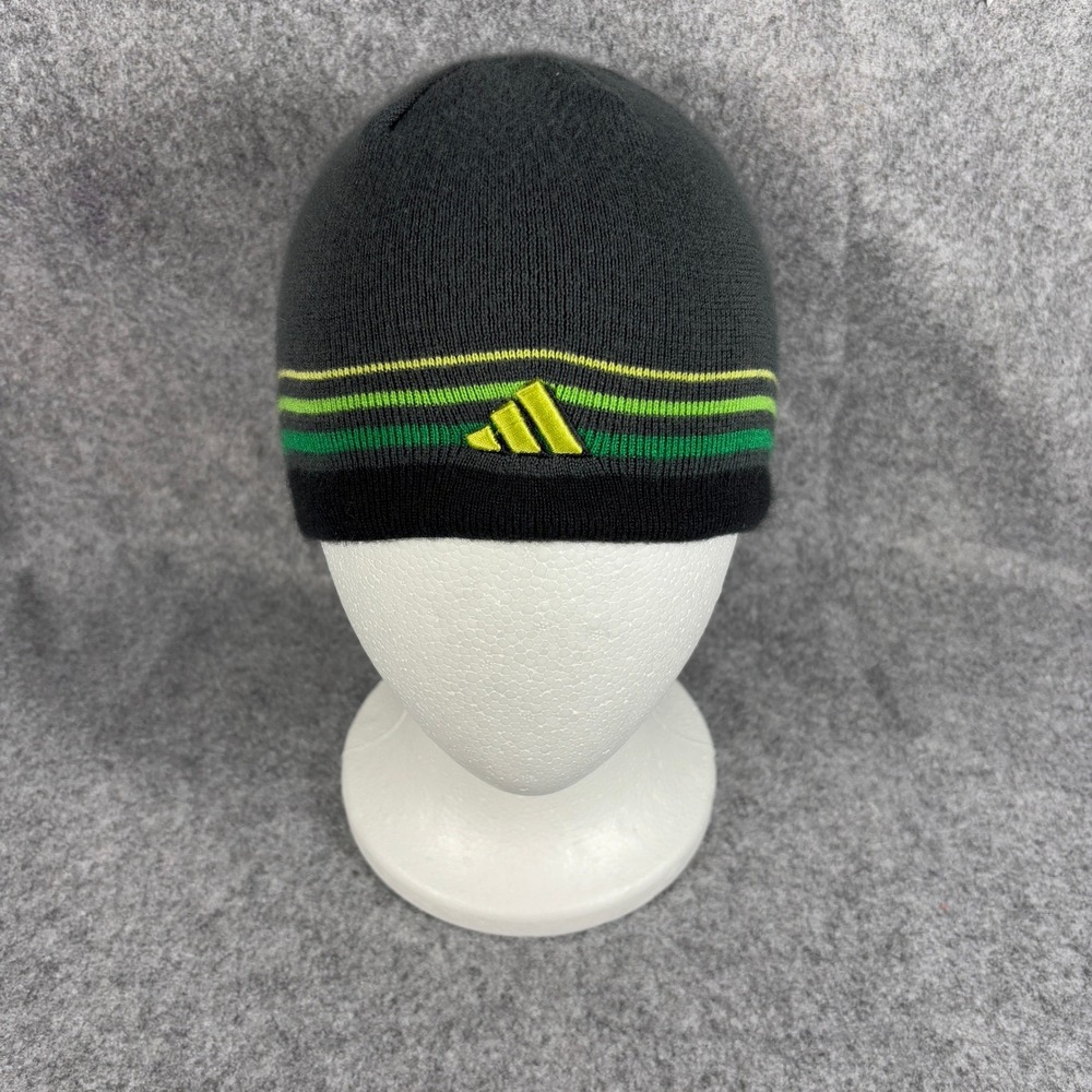 Adidas Unisex Striped Knit Beanie Hat OSFA Grey Green Yellow Embroidered Logo